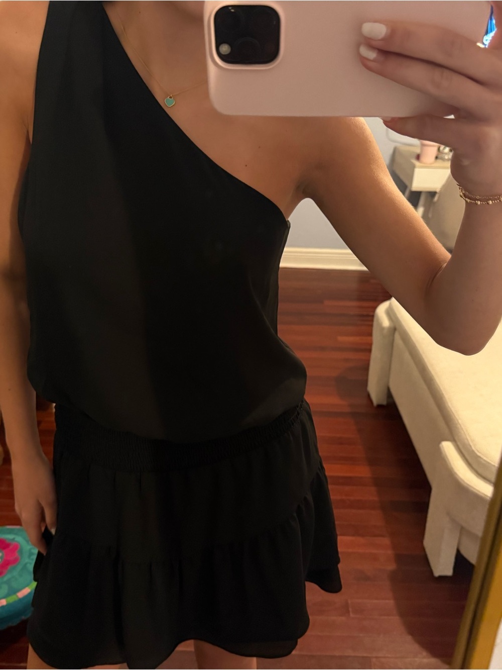 Chic One-Shoulder Black Dress with Smocked Waist